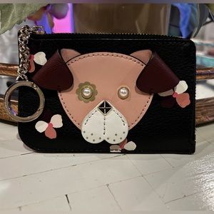 Kate Spade Floral Pup Dog Cherrywood Medium Zip Card Holder Wallet